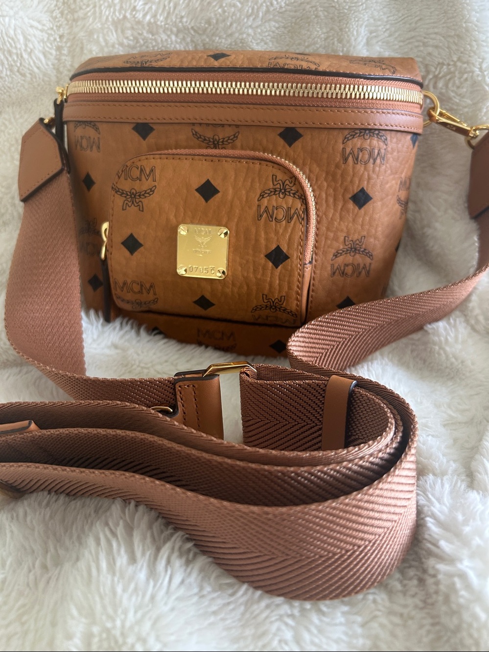 MCM Cognac Visetos Monogram Mini Crossbody Belt Bag with Gold Hardware - Picture 6 of 11